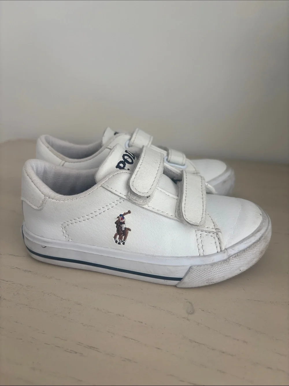 Ralph Lauren White Leather Kids Polo Velcro Sneakers